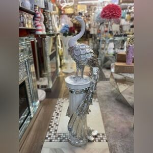Majestic Silver and White Peacock Sculpture